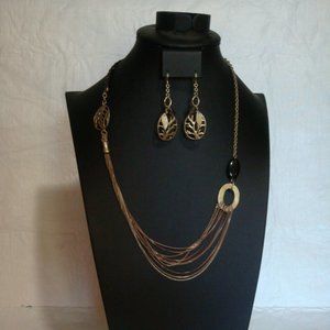 Gold and Leather Necklace and Earrings